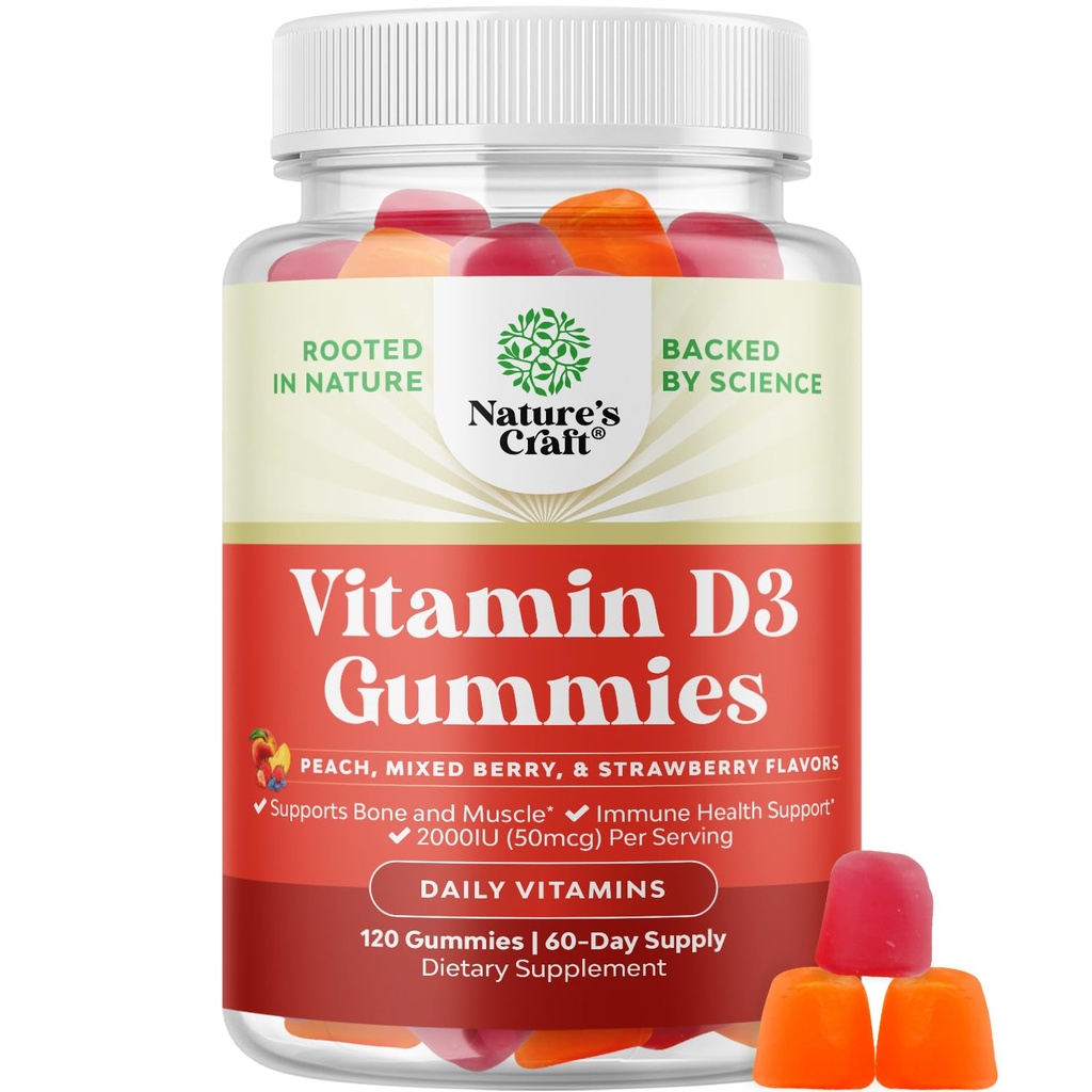 Natures Craft Vitamin D3 Gummies for Daily Wellness - Lækre D-vitamin Gummies for voksne med D3 2000IE per Servering Knoglemuscle & immunforsvar - Non- GMO Gelatine & Gluten Free (60 dages forsyning)