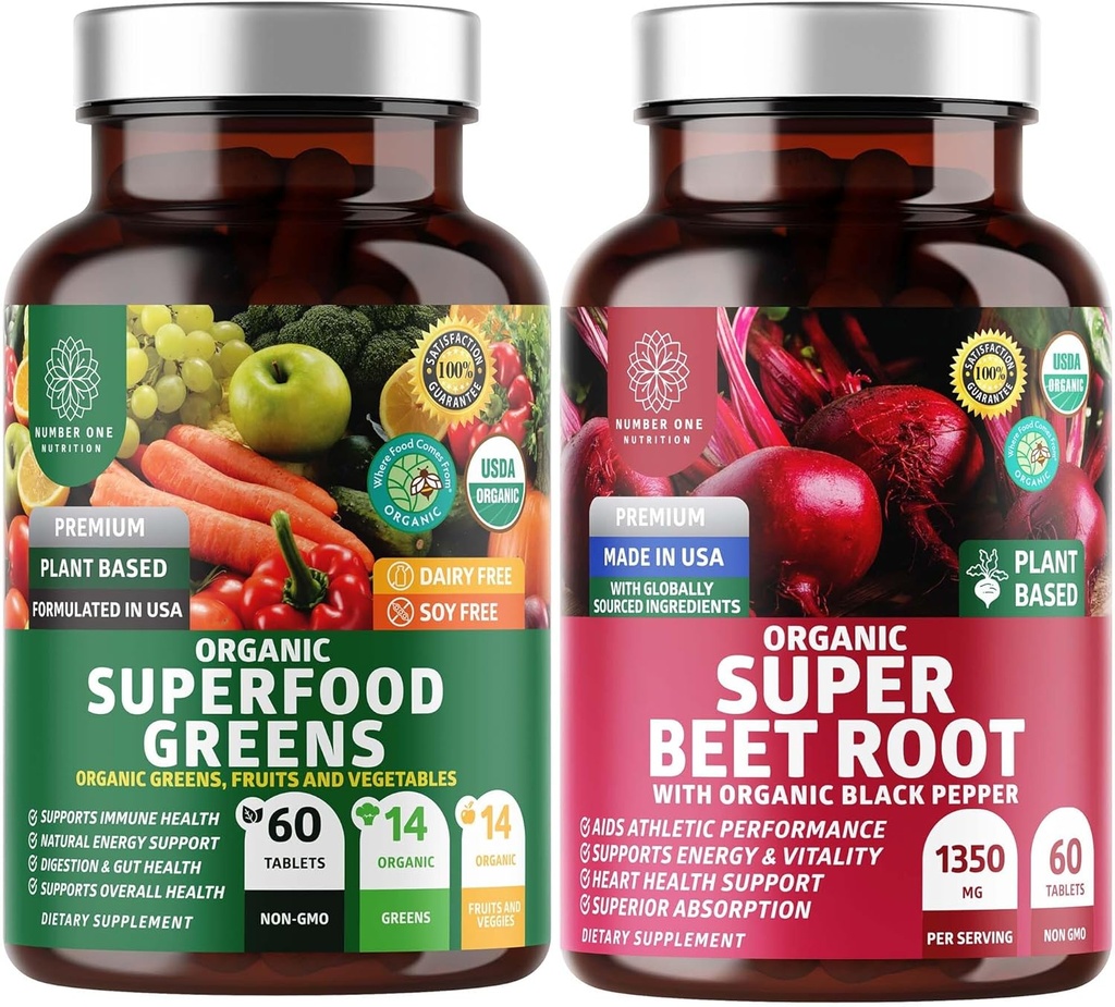 N1N Premium og Organic Superfood Green og Beet Root Tablets for Immunity og Antioxidant Support, pakket med Alfalfa, Spirulina og Barley Grass, 120 Tablets