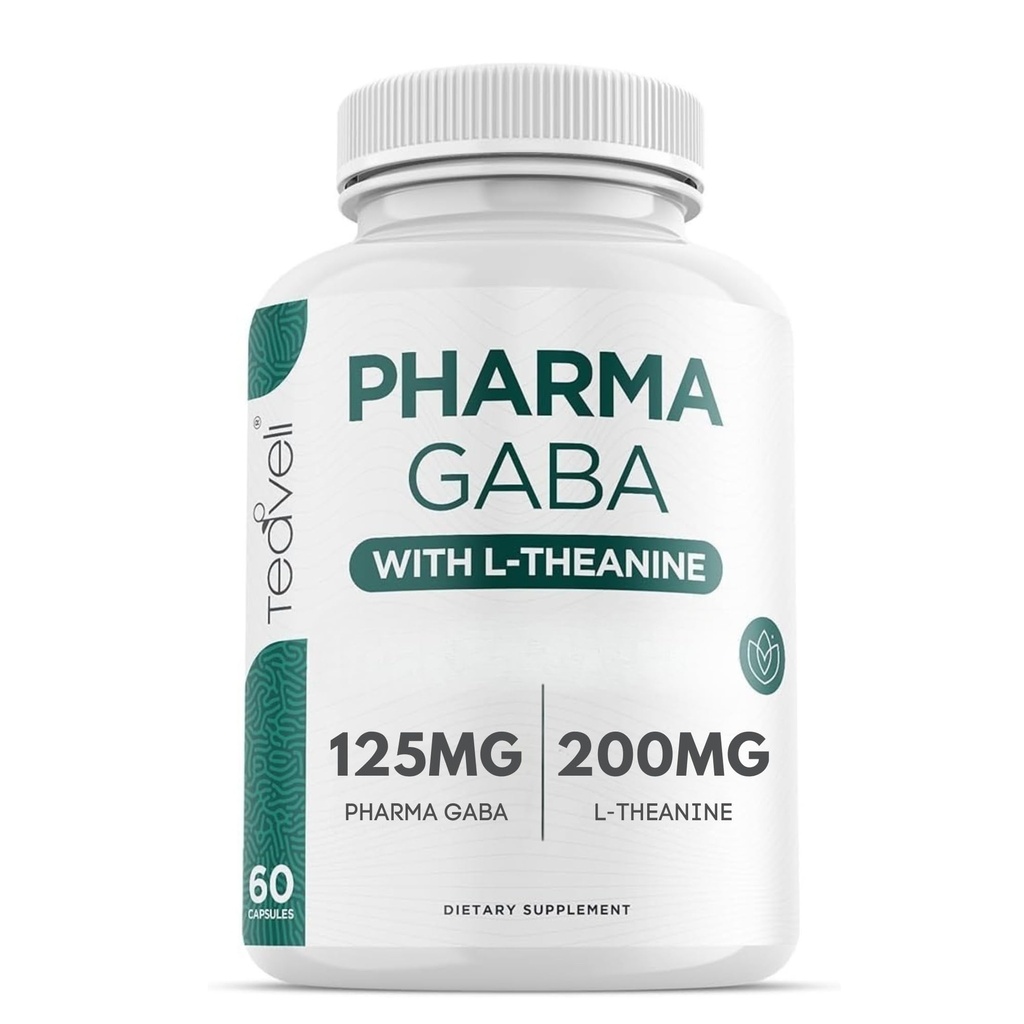 Teaveli Pharma GABA with L Theanine Supplement - 100mg PharmaGABA and 200mg L-Theanine - Clean Label - Supports Calm and Focus - No Additives or Preservatives – 60 Veggie Capsules