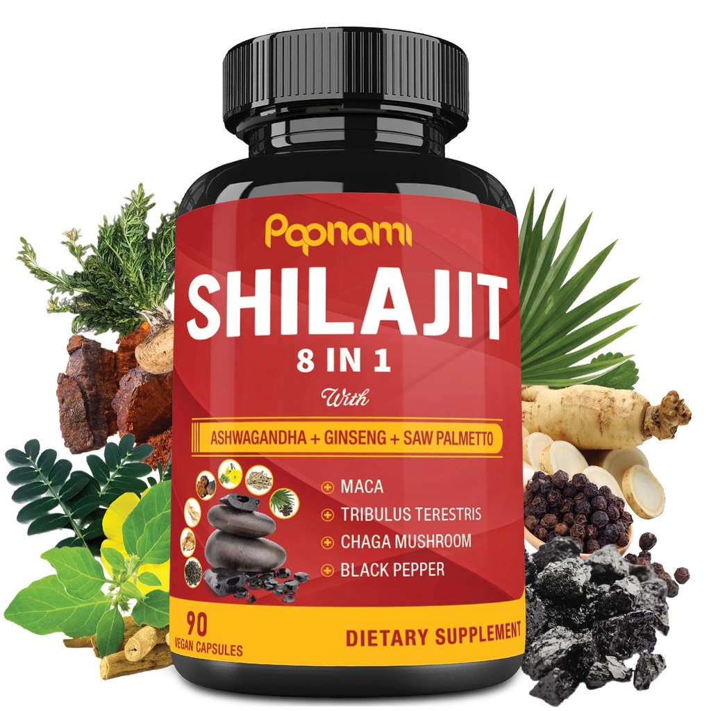 Shilajit Himalayan Kapsler - 3 måneders forsyning - Kombineret Ashwagandha, Ginseng, Saw Palmetto, Maca, Tribulus, Chaga, Black Pepper