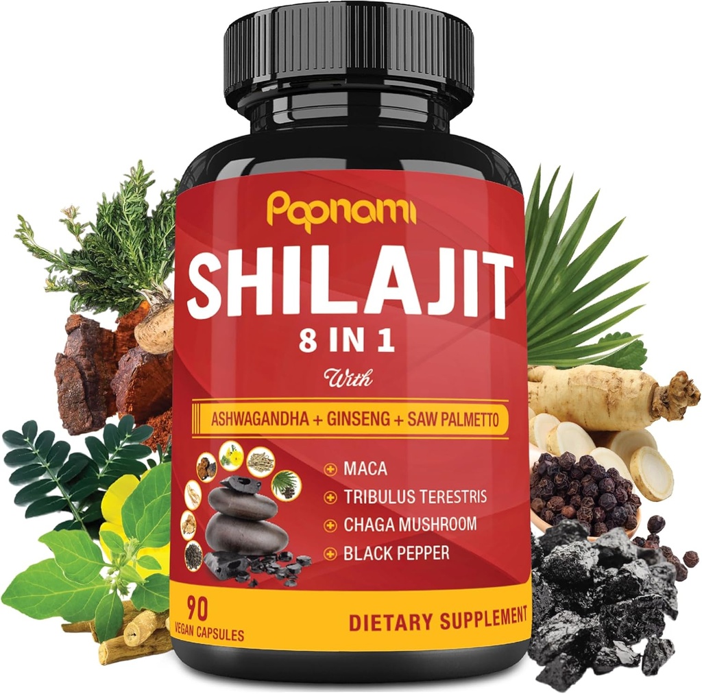 Shilajit Himalayan Kapsler - 3 måneders forsyning - Kombineret Ashwagandha, Ginseng, Saw Palmetto, Maca, Tribulus, Chaga, Black Pepper