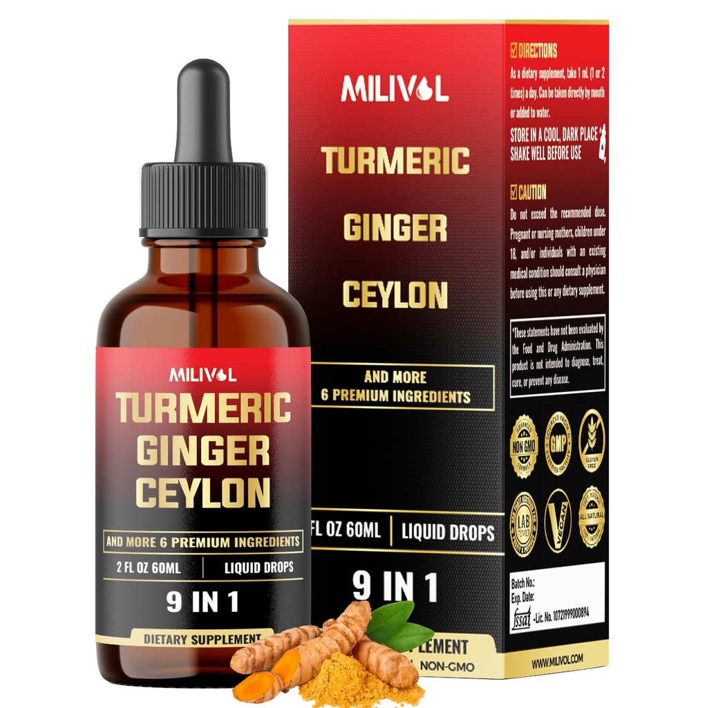 9in1 Liquid Turmeric Curcumin with Ginger, Berberine, Ceylon, Garlic, Black Pepper for Joint Support - 2FL Oz - 60 Servings