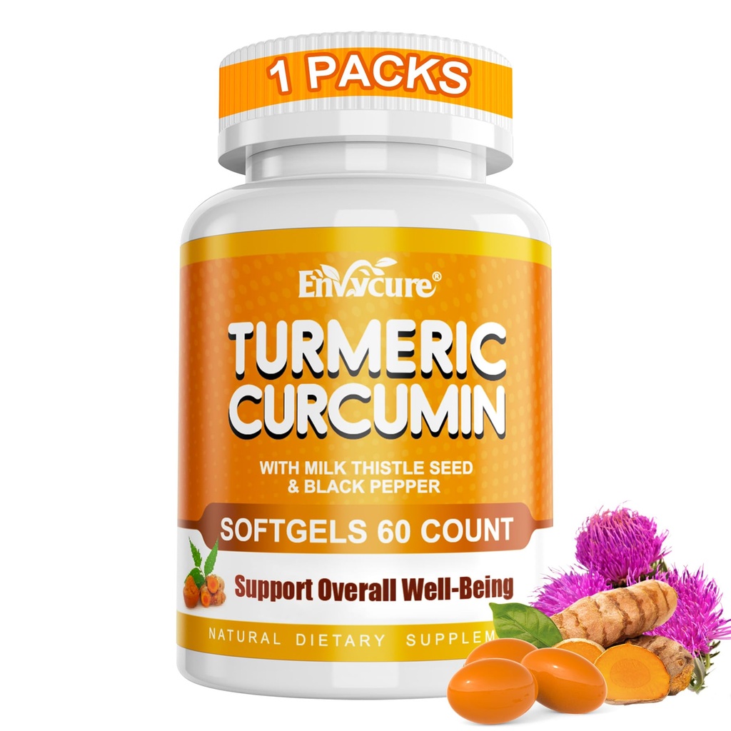 Turmeric Curcumin Supplement with Ginger & Black Pepper, Organic 5-in-1 Curcuma Softgels with Milk Thistle, 2000mg Turmeric Camplex with 95% Curcuminoids for Immune, Liver & Energy Support, 60 Count
