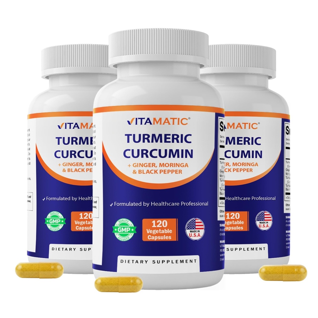Vitamatic Turmeric Curcumin Supplement – Plant-Based Botanical Extract with Black Pepper, Ginger & Moringa – Vegetarian, Non-GMO, Gluten-Free – 120 Capsules - 3 Pack (360 Capsules)