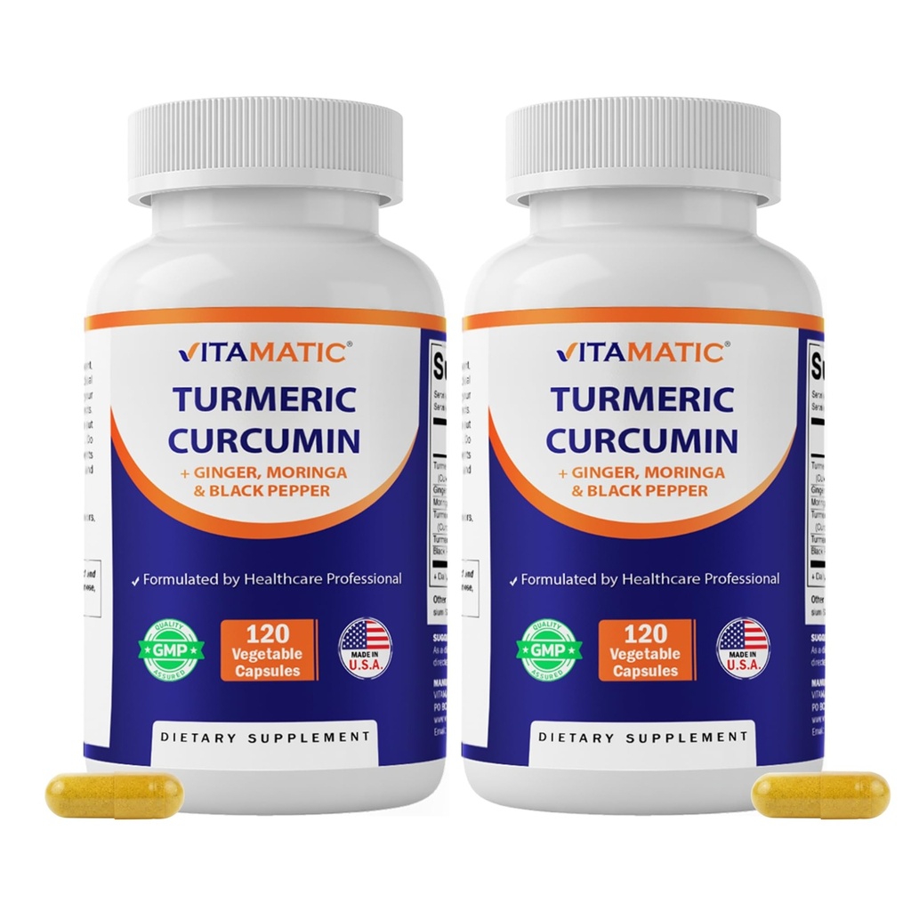 Vitamatic Turmeric Curcumin Supplement – Plant-Based Botanical Extract with Black Pepper, Ginger & Moringa – Vegetarian, Non-GMO, Gluten-Free – 120 Capsules - 2 Pack (240 Capsules)