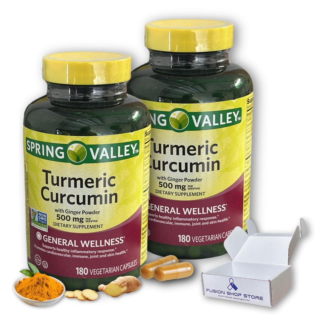 Turmeric Curcumin with Ginger Powder- 500mg Vegetarian Capsules, 180ct (Pack of 2), Boxed by Fusion Shop Store