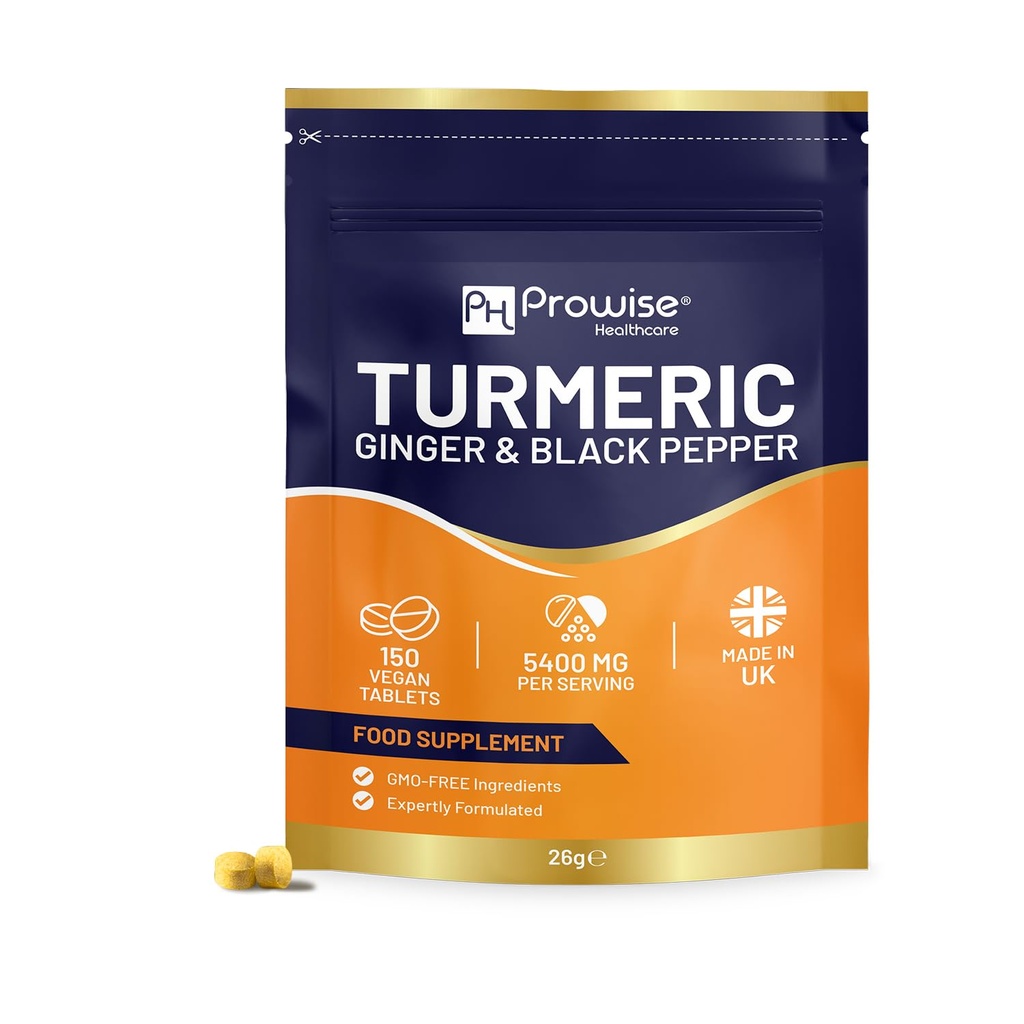 Turmeric Tablets 5400mg with Black Pepper, Ginger - Turmeric 95% Curcumin Supplements | 150 Easy Swallow Tablets (Not Capsules or Powder) - Letterbox Friendly - Made in UK - Prowise