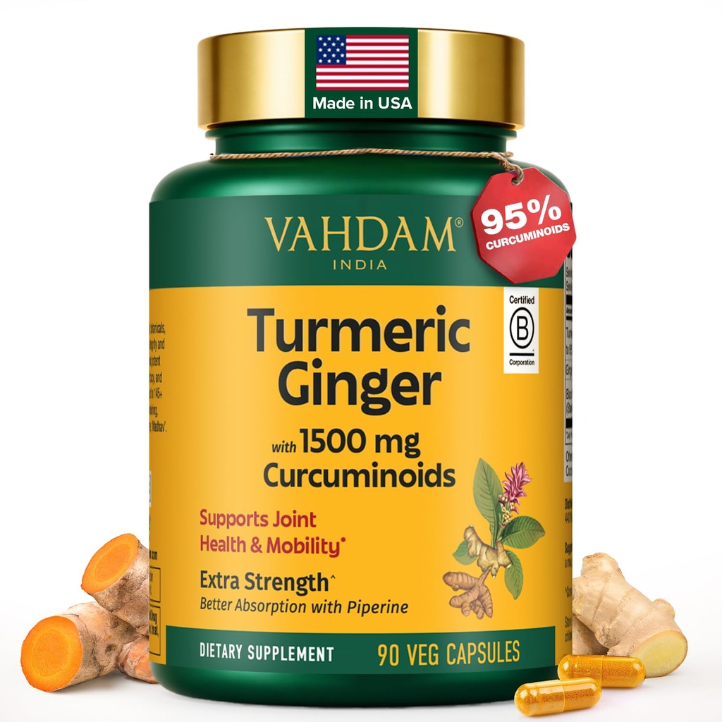 VAHDAM Extra Strength Turmeric Ginger Supplement with 1500mg Curcuminoids per Serving | Added Piperine for Better Absorption | Supports Joint Health and Mobility | 90 Veg Capsules