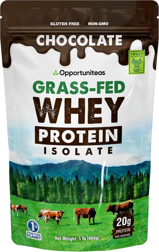 Opportuniteas Grass Fed Chokolade Whey Protein Isolate Powder - 20g Protein Powder uden kunstige sødestoffer, Hormon-Free Happy Cows, Ikke GMO - 1lb
