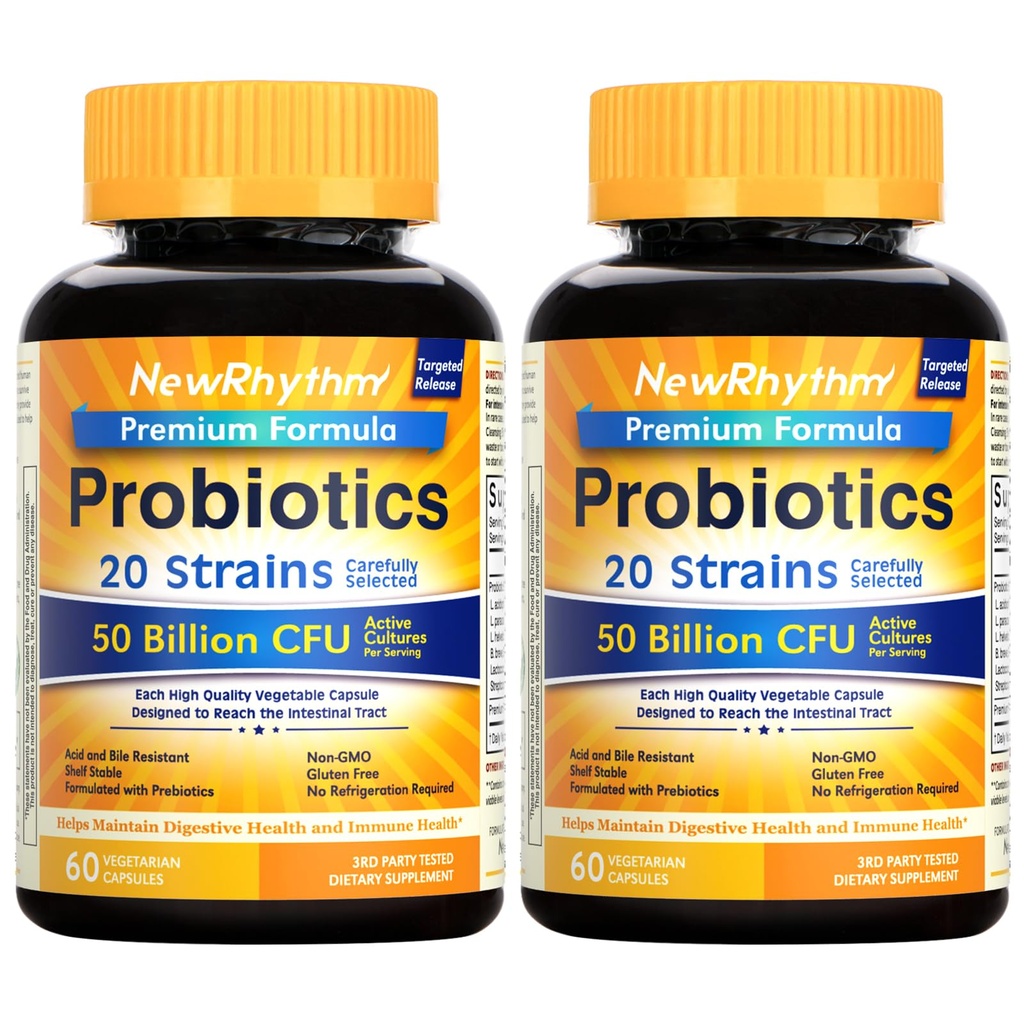 NewRhythm Probiotika 50 Millioner CFU 20 Strops, 120 Veggie Kapsler, Målrettet Udgivelsesteknologi, Mavesyre resistent, Ingen behov for køling, Non- GMO, Gluten Free