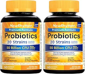 NewRhythm Probiotika 50 Millioner CFU 20 Strops, 120 Veggie Kapsler, Målrettet Udgivelsesteknologi, Mavesyre resistent, Ingen behov for køling, Non- GMO, Gluten Free