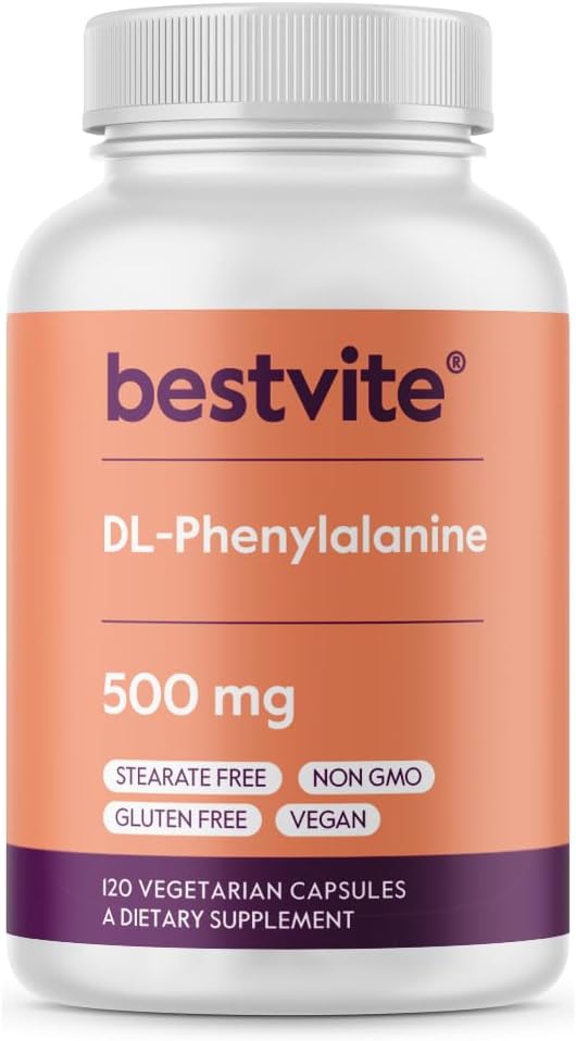 BESTVITE DL- Phenylalanin 500mg (120 Vegetariske kapsler) - Ingen Stearates - Ingen Fillers - Vegan - Gluten Free - Ikke GMO