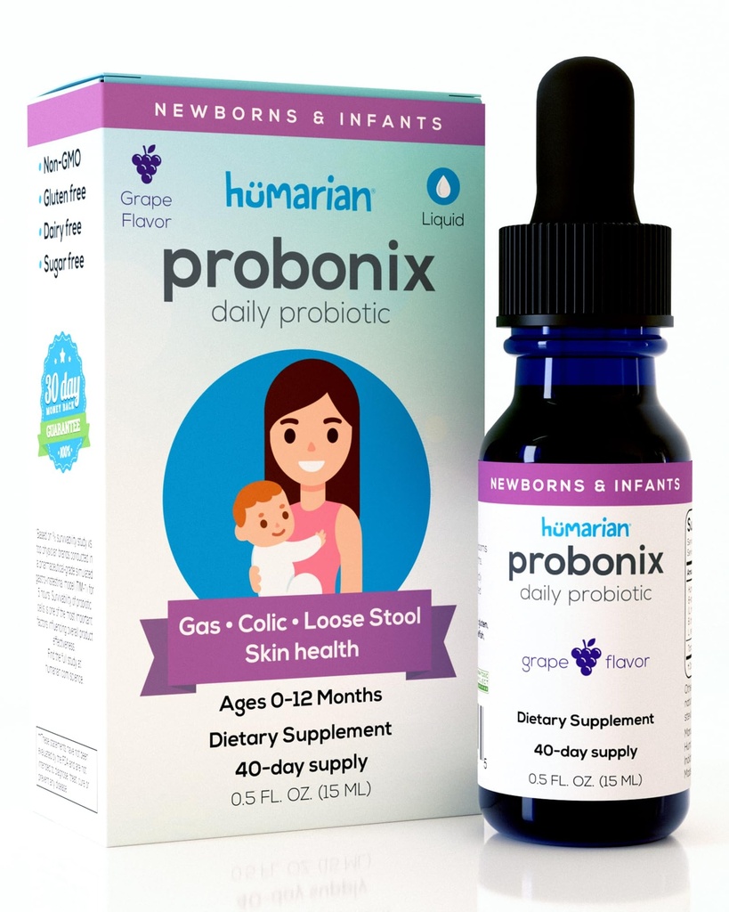 Humarian Probonix for Newborns and Infants 0-12 Months - High Bioavailability Liquid Probiotics - 8-Strain Baby Probiotic Drops for Gas, Colic, Lactose Intolerance & More - 40-Day Supply, Grape Flavor