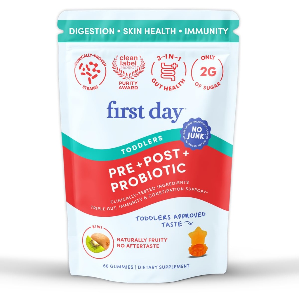 FIRST DAY Toddler Tribiotic Gummies (Ages 2-3) | Kids Probiotic Gummies | 3 in 1 Pre + Pro + Postbiotics for Kids Digestive & Immune Health - Kiwi, 60 Counts (30 Days Supply)
