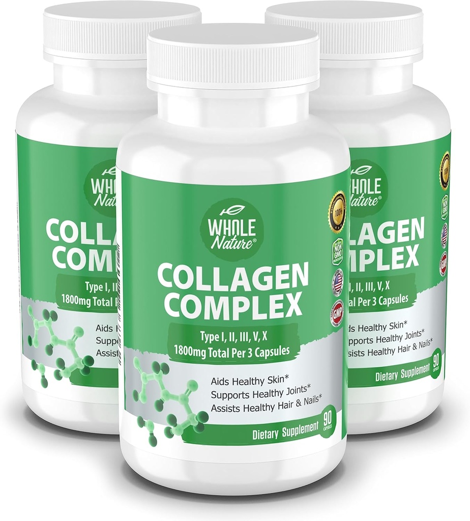 Multi Collagen Protein Peptider Supplement kapsler - 1800mg Collagen kompleks type I, II, III, V, X - Fælles støtte, sundt hår, hud, negle, skønhed vitaminer, 100% naturlige, non-GMO 270ct (3)
