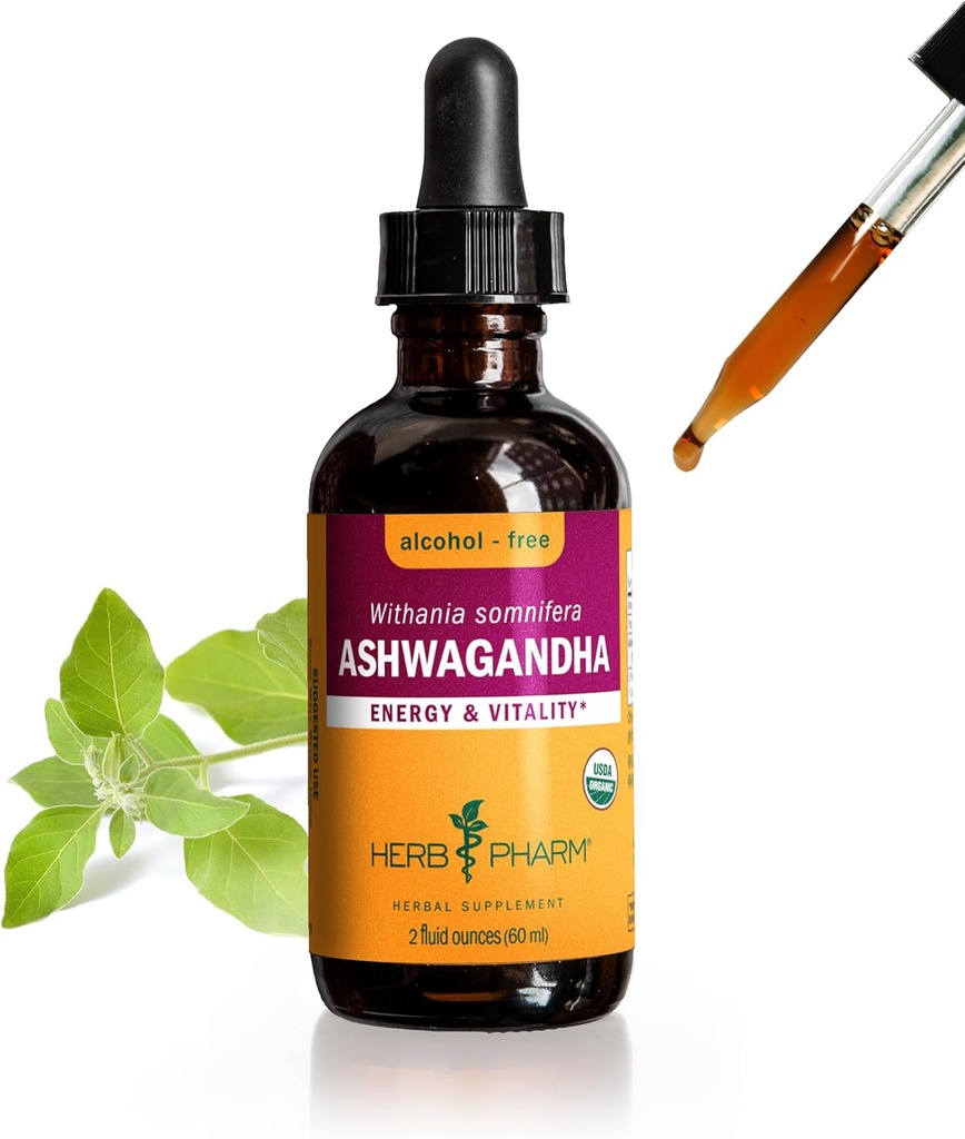 Herb Pharm Certified Organic Ashwagandha Extract Drops for Traditional Support for Energy and Vitality, Alkohol- Free Glycerite, 2 Oz