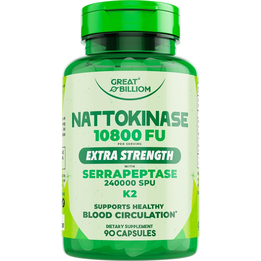 Nattokinase 10800 FU with Vitamin K2 MK-7 & Serrapeptase 240,000 SPU Supplement – Natto Enzyme, Heart Health Supplements for Blood Flow & Circulation Support, 90 Capsules