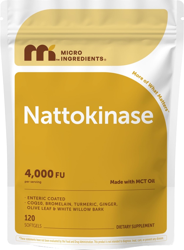 Micro Ingredients Nattokinase 120 Softgels, 200mg (4,000 FU) Per Serving | 7-in-1 Nattokinase Supplement with CoQ10, Bromelain, Turmeric, Ginger, Olive Leaf, & White Willow Bark | Non-GMO
