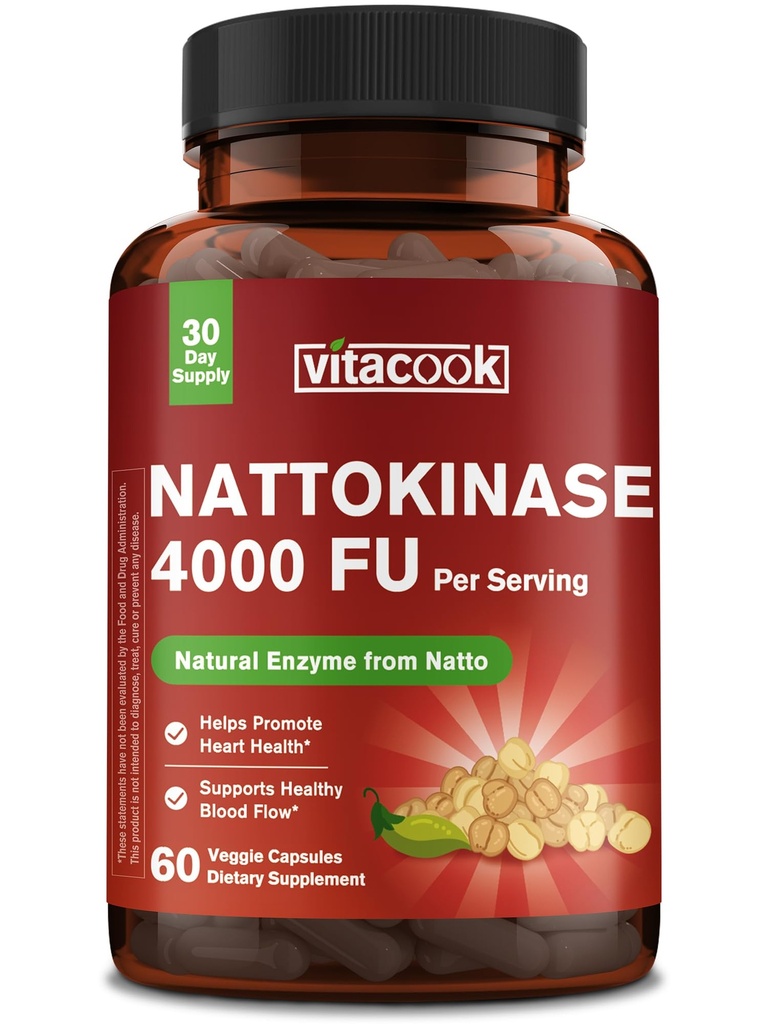 Nattokinase 4000 FU Per Serving, Derived from Japanese Natto, Systemic Enzymes for Heart and Circulatory Support, 60 Vegan Capsules, Non GMO