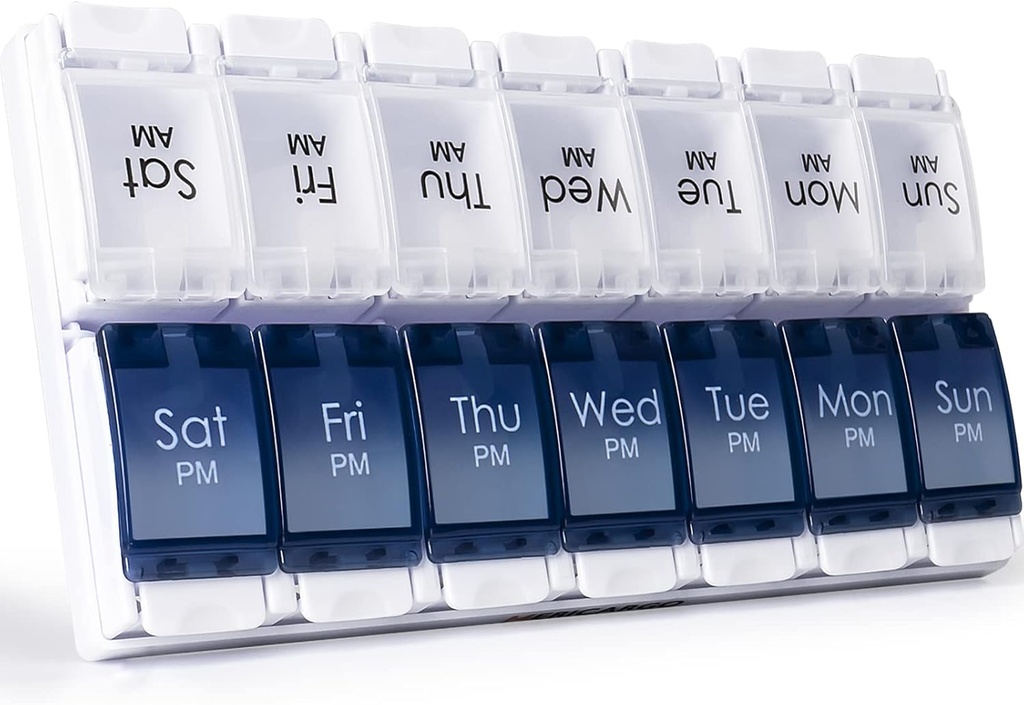 MERICARGO Am Pm Pill Organizer 7 Dag, 2 gange om dagen Stor Ugentlig Pill Box, Trykknap Daglig Pill sag for Vitamin, Fiskeolie, Kosttilskud