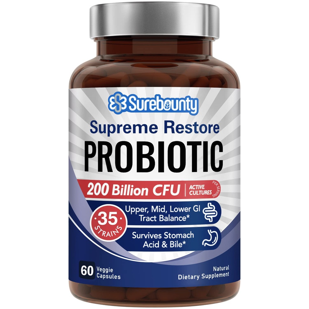 Probiotisk for mænd og kvinder, 200 milliarder CFU 35 Spor, Prebiotika + fordøjelsesenzymer, Supreme Genopret Probiotisk supplement, Upper, Mid, Lavere GI Tract Balance, 60 Veggie Kapsler, 1 måned