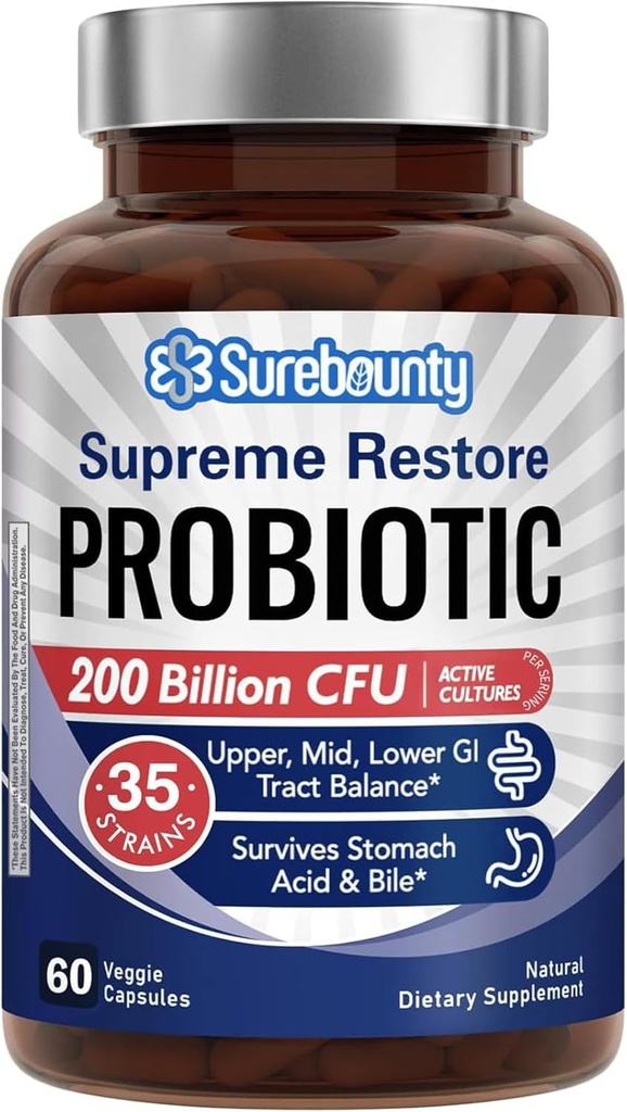 Probiotisk for mænd og kvinder, 200 milliarder CFU 35 Spor, Prebiotika + fordøjelsesenzymer, Supreme Genopret Probiotisk supplement, Upper, Mid, Lavere GI Tract Balance, 60 Veggie Kapsler, 1 måned