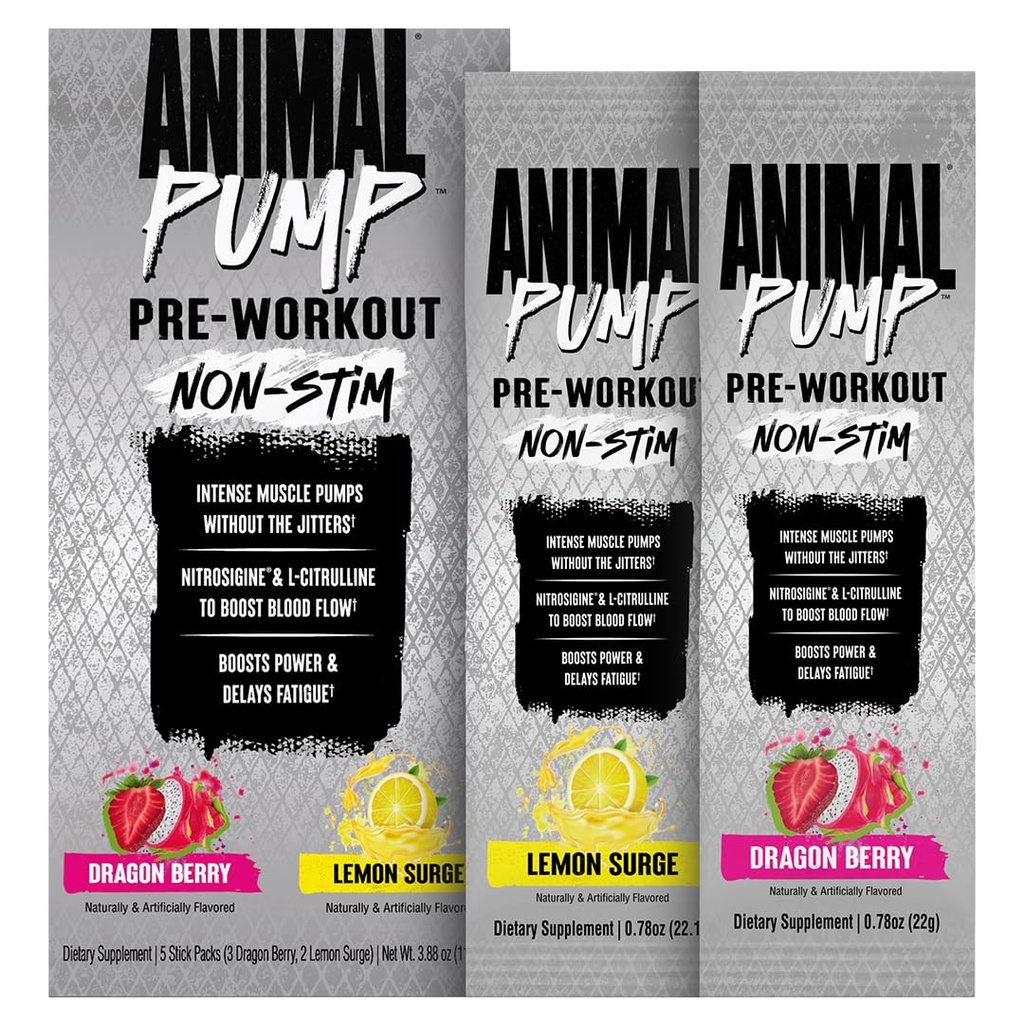 Animal Pump NS Stim-Free Pre Workout Powder - Caffeine-Free Preworkout for Energy, Focus and Muscle Builder, Beta Alanine, Citrulline, Nitrosigine, Dragon Berry (3) and Lemon Surge (2), 5 Stick Packs