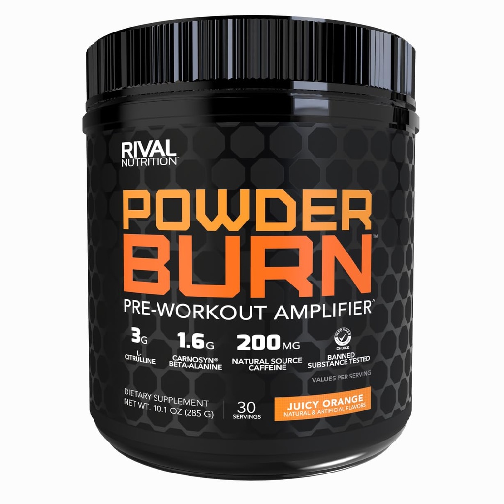 RIVAL NUTRITION Powder Burn Pre-Workout Energy Powder for Men and Women I 3g L-Citrulline, 1.6g Beta-Alanine, 625mg Electrolytes, 200mg Natural Caffeine Per Serving I Juicy Orange, 30 Servings