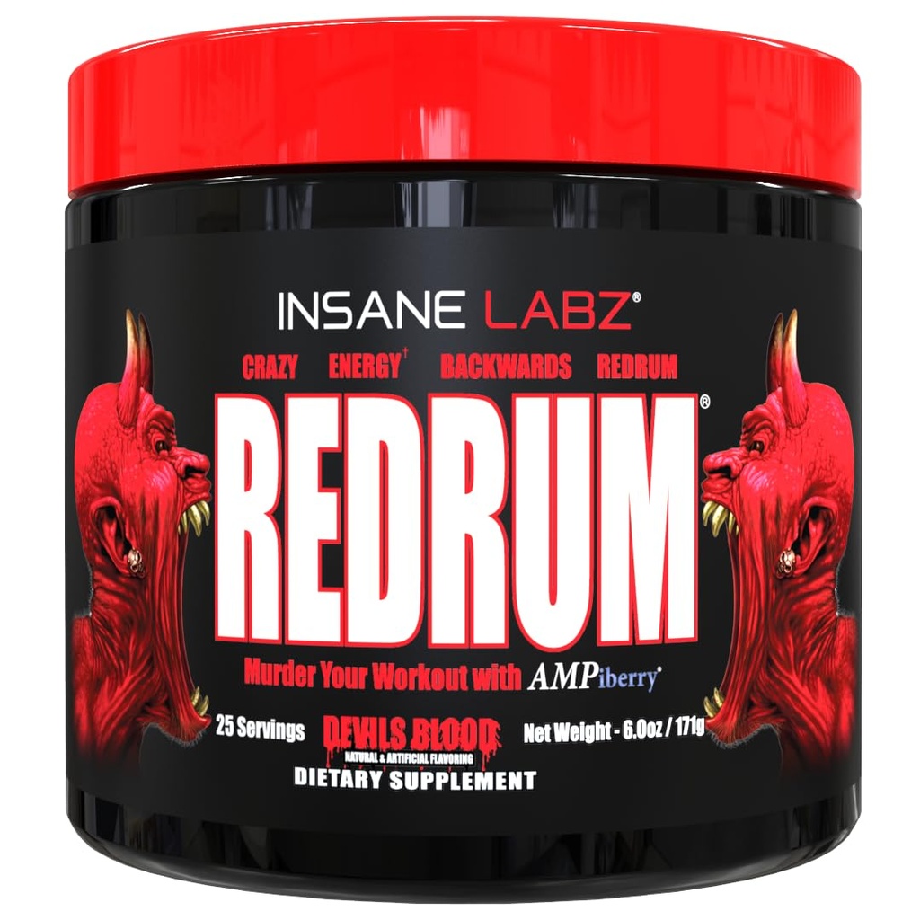 Insane Labz Redrum High Stim Pre Workout NO Booster Powder, Loaded with Beta Alanine Agmatine Sulfate Taurine Fueled by AMPiberry, OXYgold,Focus Strength Recovery,25 Srvgs Devil's Blood Black Cherry