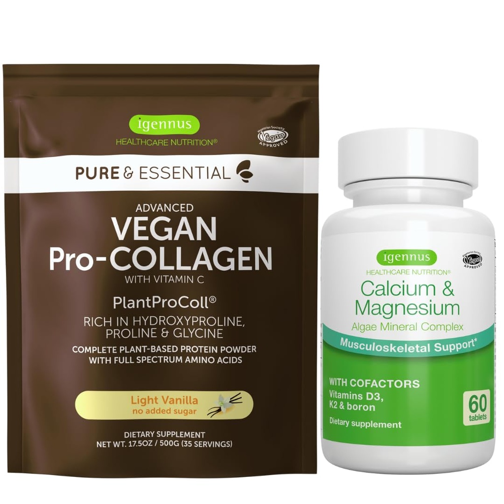 Vegan Vanilla Collagen Protein Powder + Calcium & Magnesium Complex Bundle, Omfattende Knoglestøtte, af Igennus
