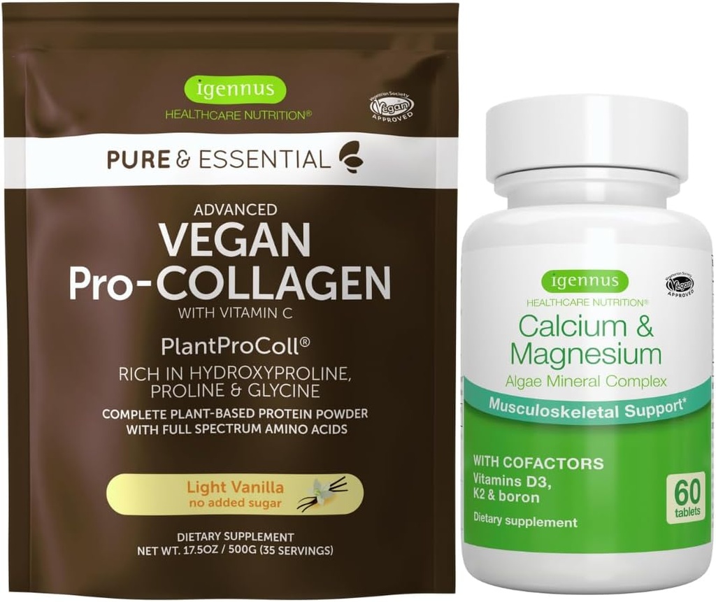 Vegan Vanilla Collagen Protein Powder + Calcium & Magnesium Complex Bundle, Omfattende Knoglestøtte, af Igennus