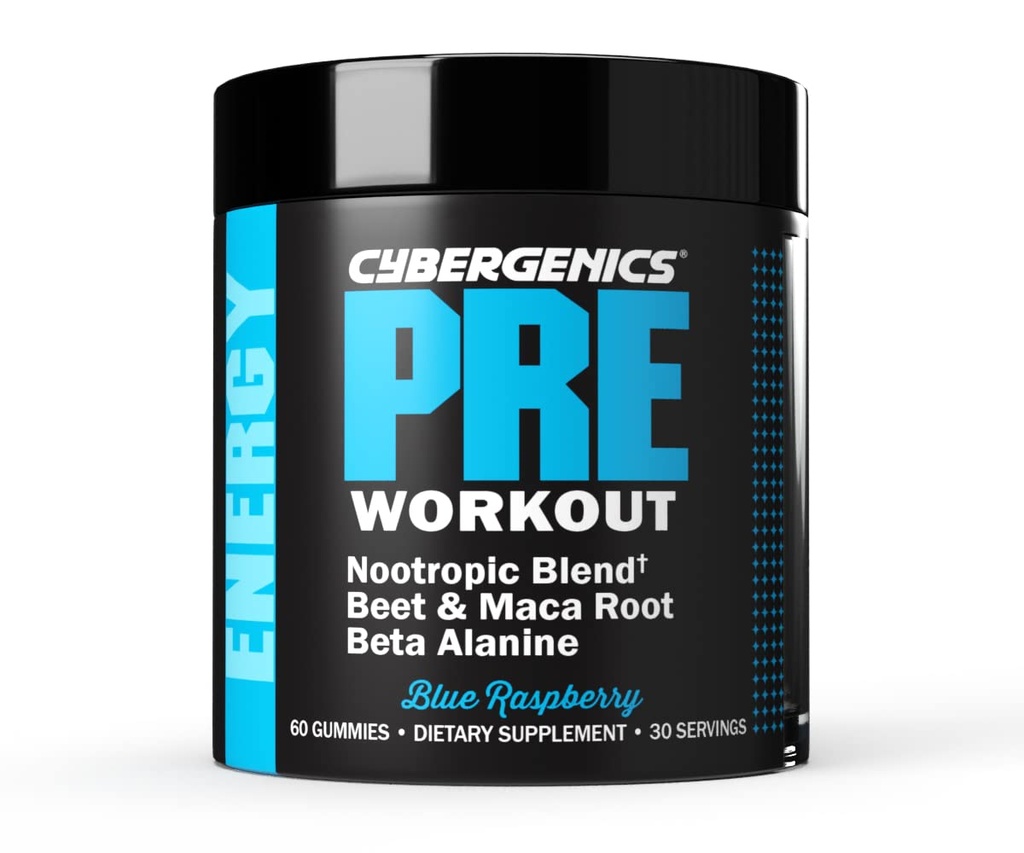 Pre Workout Gummies, Supports Energy Levels, Boosts Performance, Beta Alanine, Green Tea Extract, Nootropic Blend for Focus, Natural Beet Root, Blue Raspberry, 60 Gummies, 30 Servings