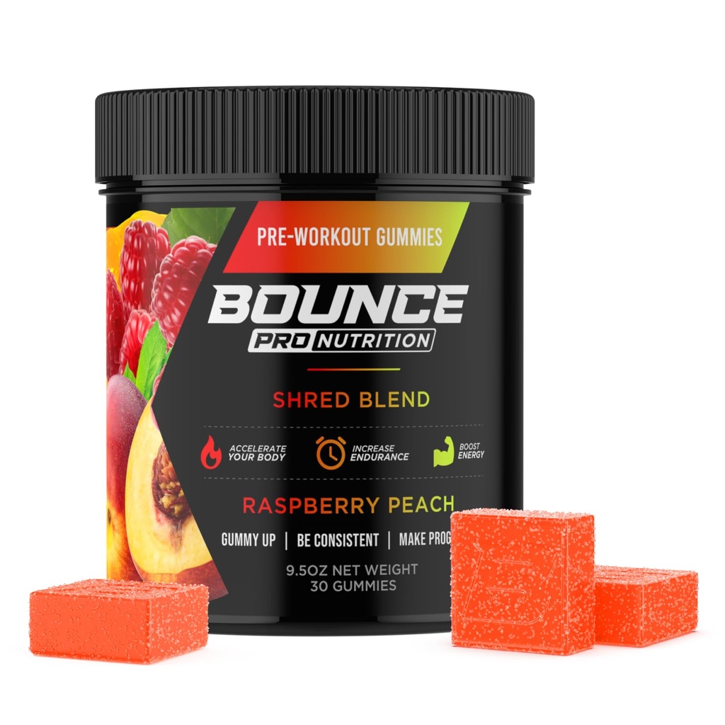 Bounce Pro Shred Blend Pre Workout Gummies – Raspberry Peach – 30 Vegan Gummies with Caffeine, Ashwagandha & L-Theanine for Energy, Focus & Endurance (30 Count (Pack of 1), Raspberry Peach)