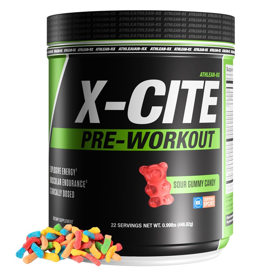 X-CITE Pre-Workout by ATHLEAN-X - Enhanced Formula with Beta-Alanine, Creatine & Caffeine for Ultimate Energy, Endurance, Focus & Muscle Pump, NSF Certified for Sports (Sour Gummy Bear)