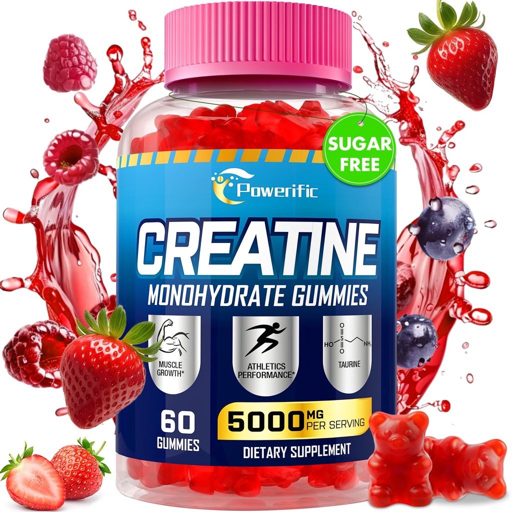 Creatine Monohydrate Gummies, Creatine for Women & Men, Pre Workout Creatine Monohydrate Gummies with Taurine, Vitamin B6 & B12 for Muscle, Strength, Energy, Endurance, Vegan, Organic, 60 Count