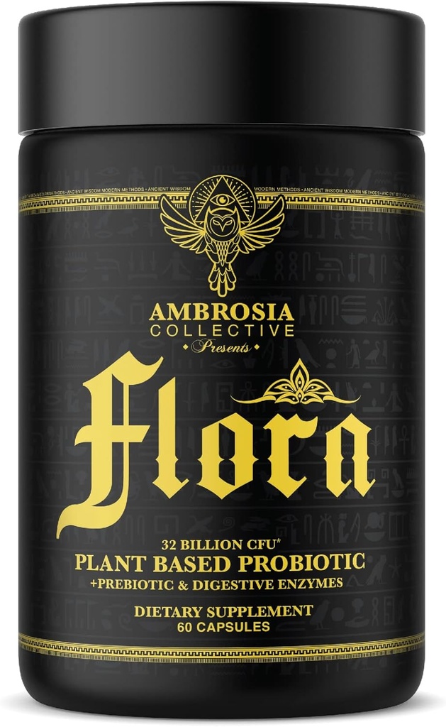 Ambrosia Flora fordøjelsesenzymer med probiotika og prebiotika, Plant Based Gut Health Supplement, 32 Millioner CFU, Vegan Probiotika til fordøjelsessygdomme (30 Servere)