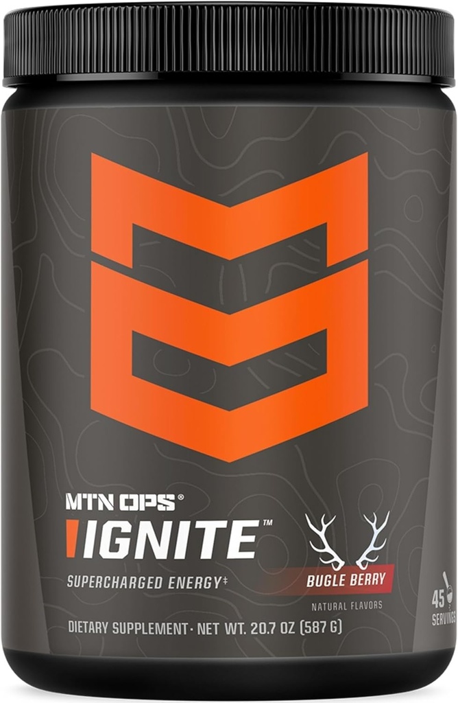 MTN OPS Ignate Energy Drink Powder, Gluten Free Nootrop Supplement Drink Mix, L Arginin, L Citrullin, Koffein & Nootrop Sugar Free Drink Mix, 45 Servere, Bugle Berry