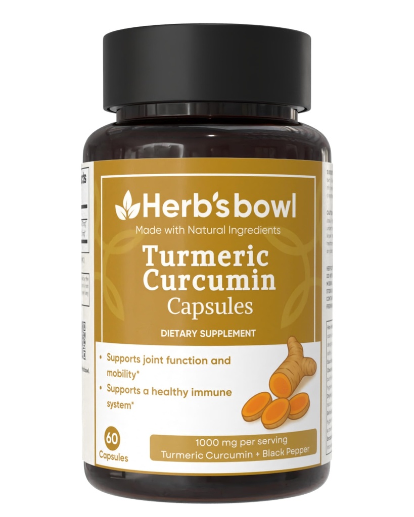 Herb's Bowl Turmeric Curcumin Capsules with Black Pepper, 1000mg per Serving, 60 Count