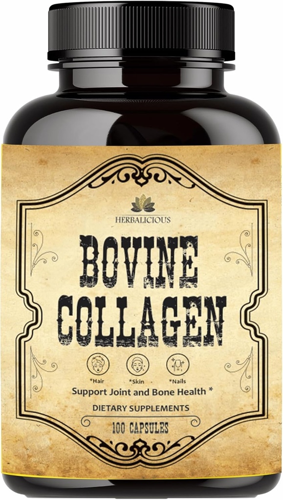 HERBALICIOUS Bovine Collagen Supplements for Men and Women | Hydrolyzed Grass-Fed Bovine Collagen Peptides | Joint, Nerve & Bone Support | Non-GMO, Anti-Aging | 100 Capsules