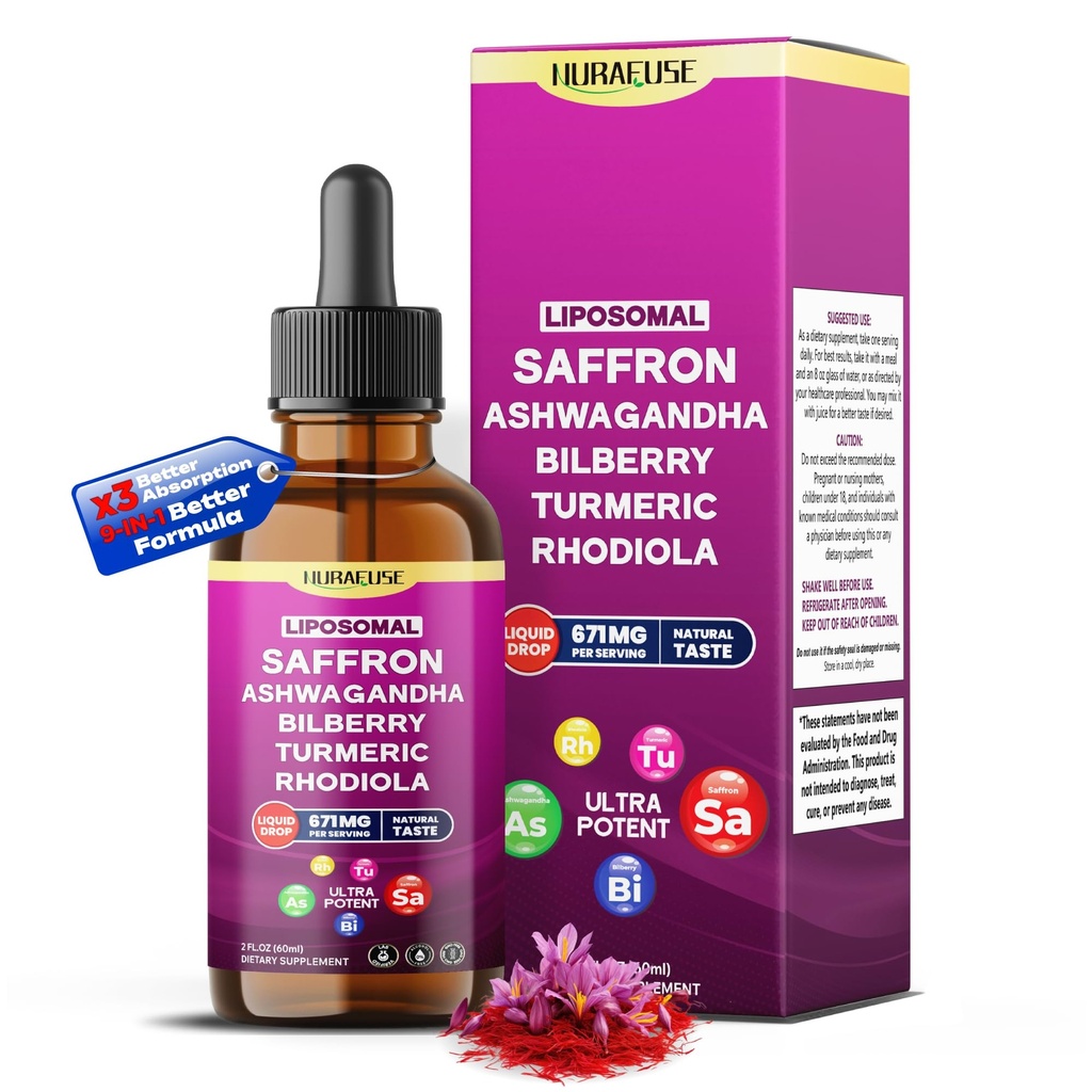 Liposomal Saffron, Ashwagandha, Bilberry, Turmeric, Rhodiola Liquid Drops – 1000mg per Serving, Ultra Potent, Natural Taste – 2 FL OZ (60ml)