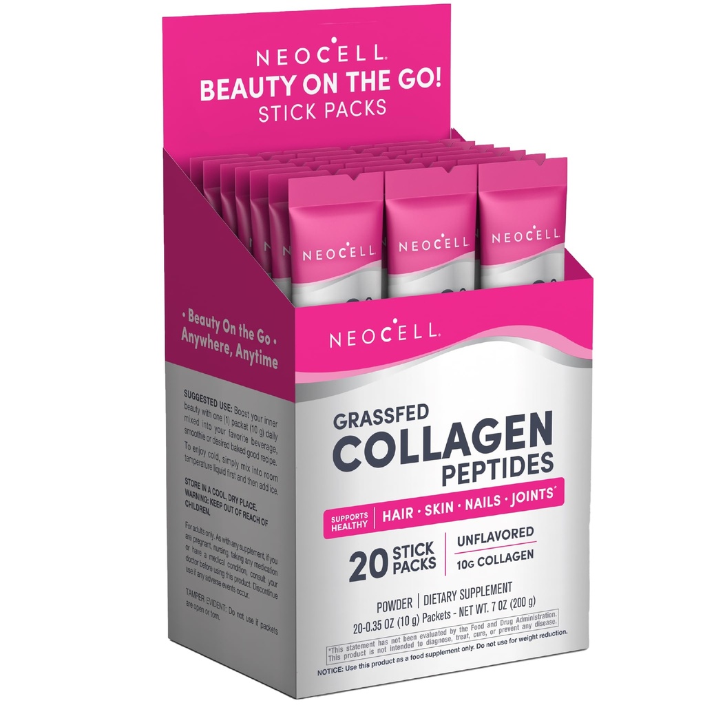 NeoCell Super Collagen Peptider, 10 g Collagen / Single- Serve Packet; Keto Certified, Gluten Free; for sund hud, hår, negle og fælles støtte; * Unflavored Powder, 20 Server, 7 Oz.