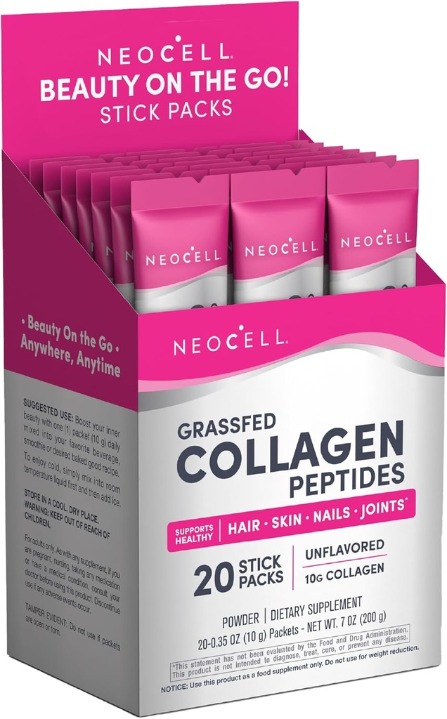 NeoCell Super Collagen Peptider, 10 g Collagen / Single- Serve Packet; Keto Certified, Gluten Free; for sund hud, hår, negle og fælles støtte; * Unflavored Powder, 20 Server, 7 Oz.