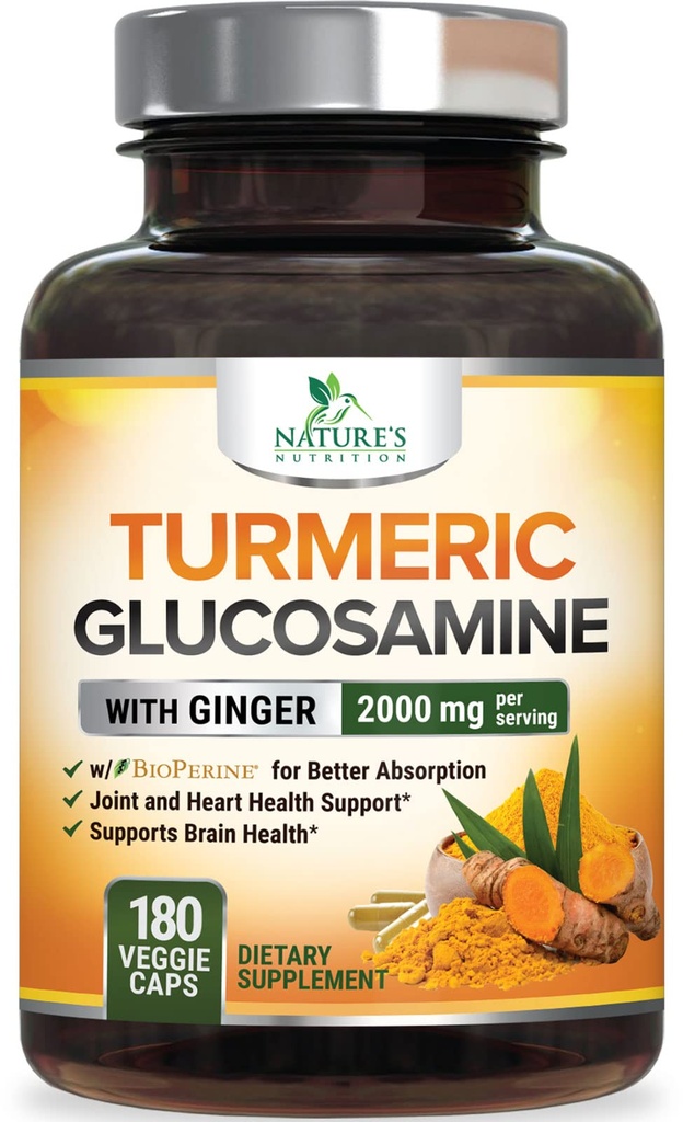 Turmeric Curcumin Supplement - 95% Curcuminoids with Glucosamine, Ginger & MSM, BioPerine Black Pepper Extract for Best Absorption, Natural Vegan Joint Support, Non-GMO, Bottled in USA - 180 Capsules