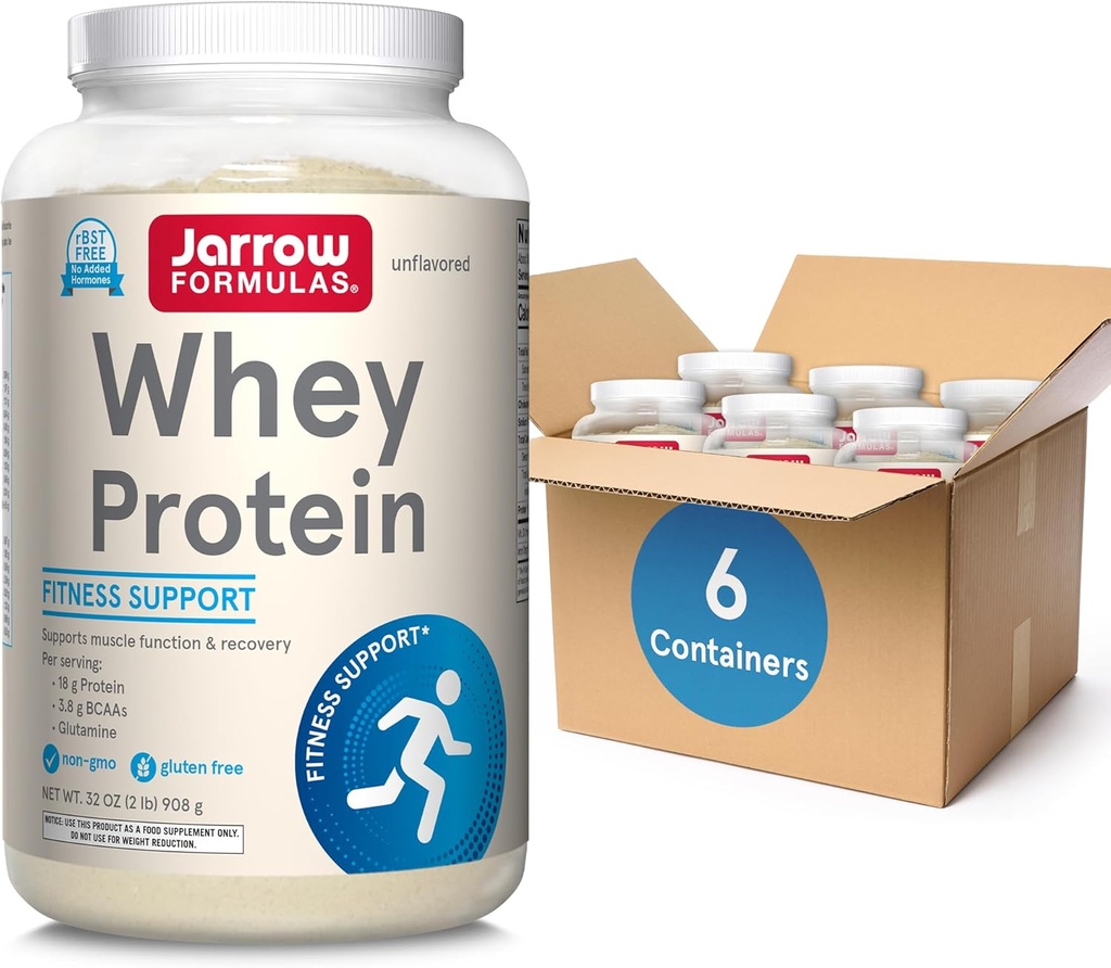 Jarrow Formulas Whey Protein med 18g protein, 3,8 g BCAA, og Glutamin, Kosttilskud til muskelfunktion & Inddrivelse Support, 32 oz Unflavored Powder, Ca. 38 Day Supply, 6 Pakker