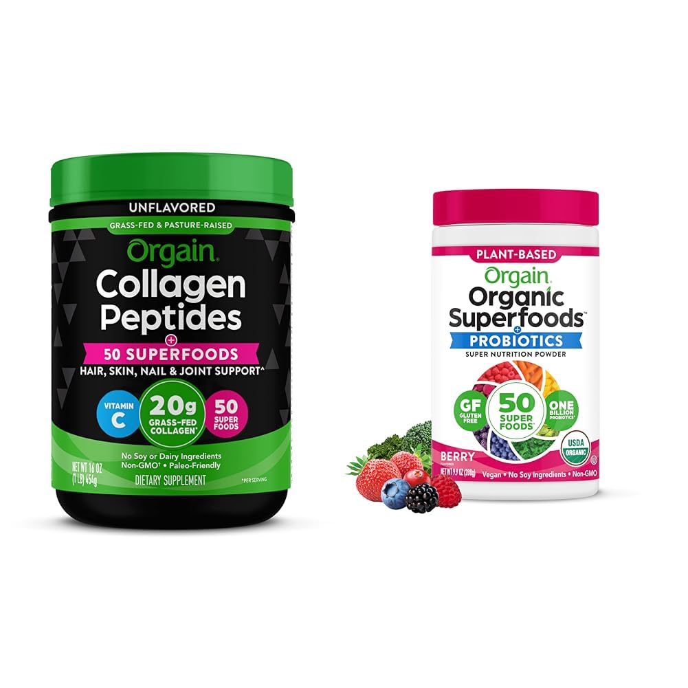 Orgain Hydrolyzed Collagen + Superfoods Powder and Organic Green Superfoods Powder - 1lb og 0,62lb