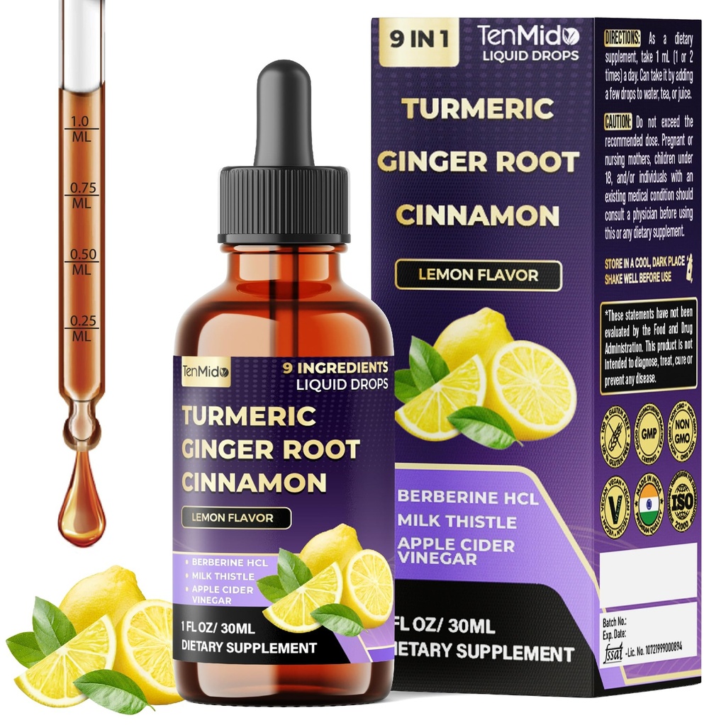 9in1 Liquid Turmeric Curcumin Supplement with Ginger, Ceylon Cinnamon, Berberine HCl, Milk Thistle, Apple Cider Vinegar, Rosemary, Holy Basil & Black Pepper - 30ml 1Fl Oz