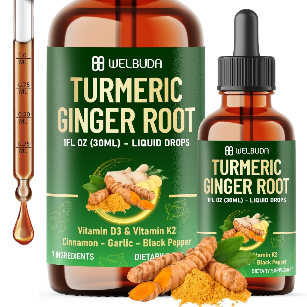 7in1 Liquid Turmeric Curcumin with Vitamin D3, Vitamin K2, Ginger, Ceylon Cinnamon, Garlic, Black Pepper - Drops Extract - 2 Month Supply