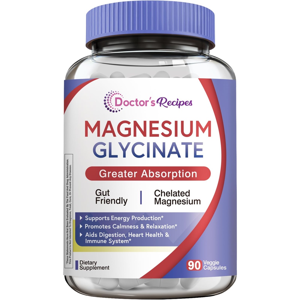 Doctor 's Opskrifter Magnesium Glycinate Supplement, Aminosyre Chelated, Ikke Buffered, Høj Absorption, Easy på Mave, Support Calm, Knogle, Heart, Energy, Nerve, 90 Veganske kapsler