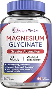 Doctor 's Opskrifter Magnesium Glycinate Supplement, Aminosyre Chelated, Ikke Buffered, Høj Absorption, Easy på Mave, Support Calm, Knogle, Heart, Energy, Nerve, 90 Veganske kapsler