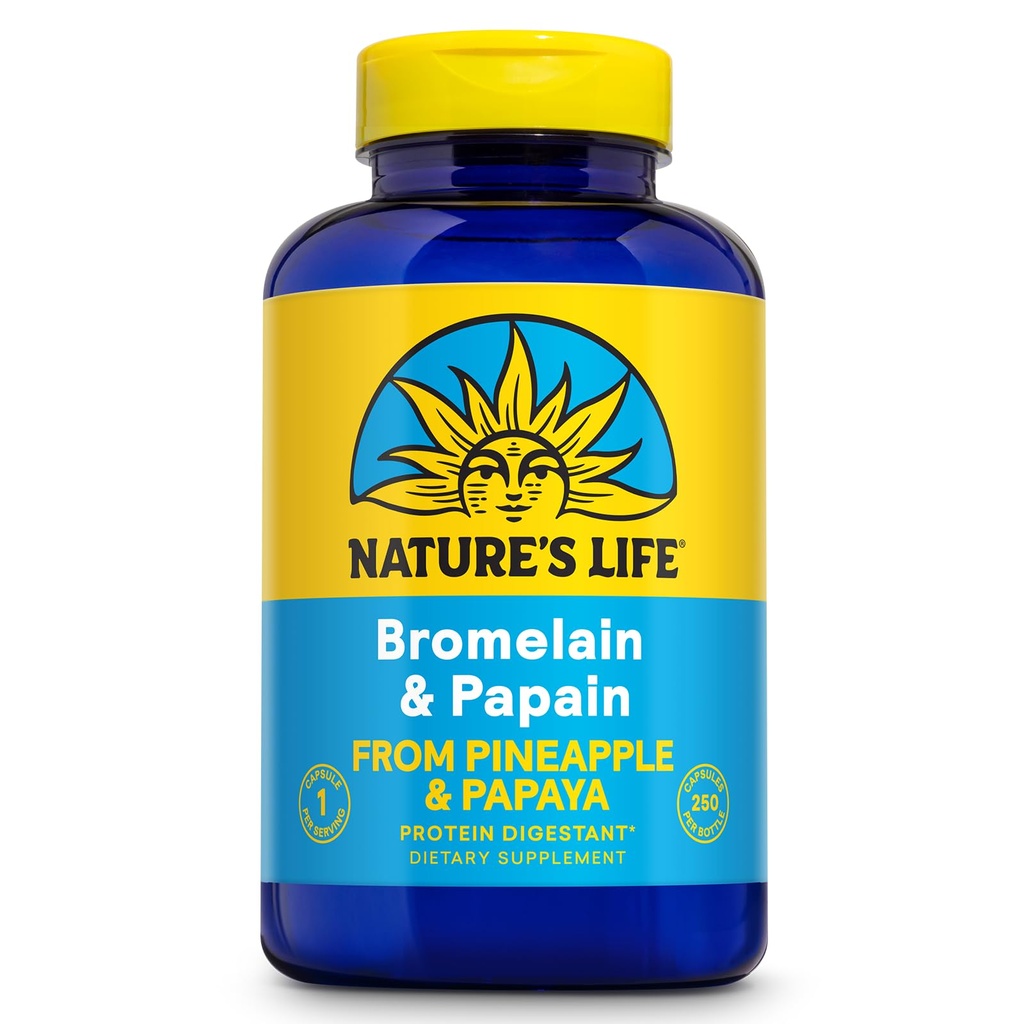 Nature 's Life Bromelain & Papain; Proteolytiske enzymer til fordøjelsesstøtte & Comfort; 124; fra Ananas & Papaya; 124; 250 mg (250 CT)